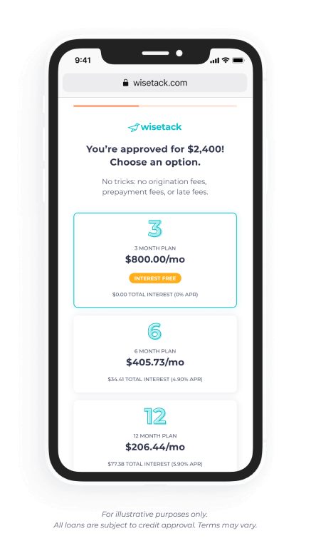 Smartphone screen showing Wisetack $2,400 loan approval with three payment plans