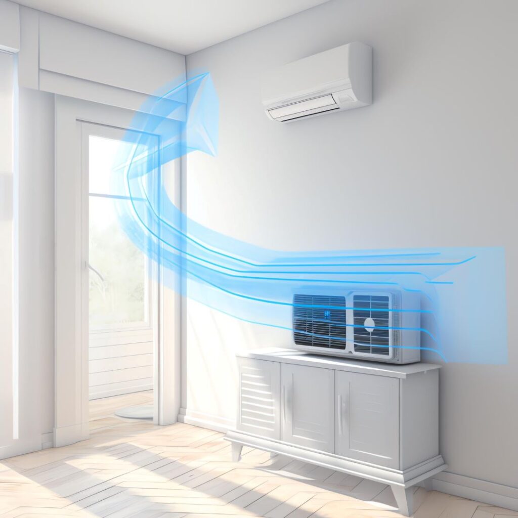 Room with split‑type air conditioner showing blue airflow lines circulating cool air