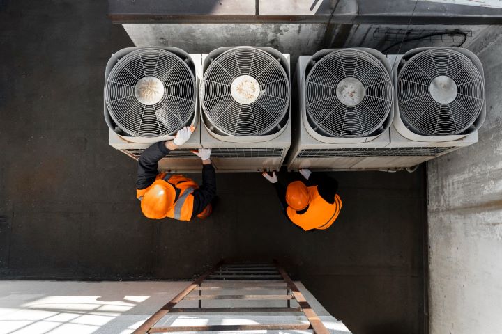 Workers in safety gear servicing four large industrial rooftop HVAC units